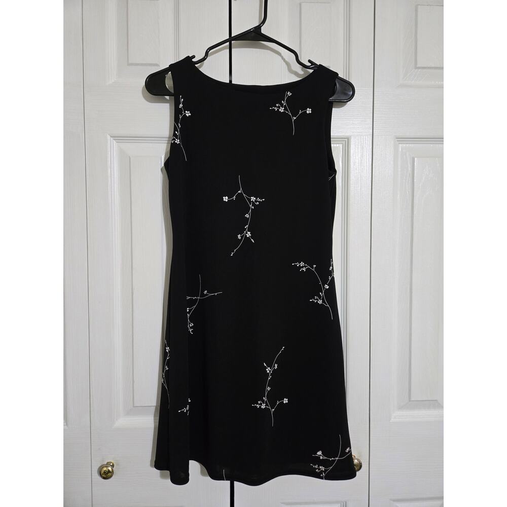 Denial small women's black and white floral dress with sheer overlay